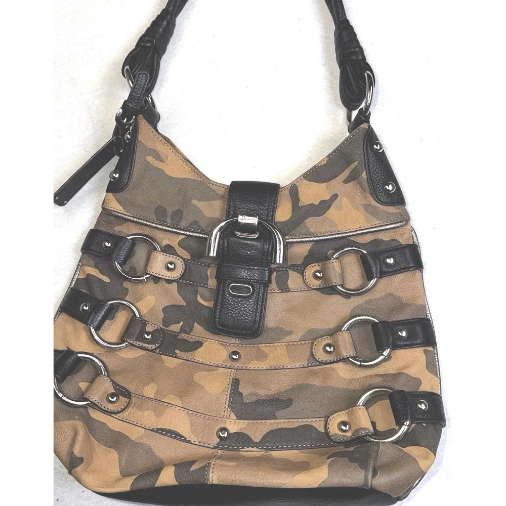 B Makowsky Camo Hobo Bag Black Leather Trim Silver Hardware Shoulder Purse